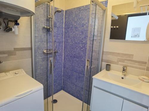 une salle de bain avec une douche en verre et un lavabo dans l'établissement Appartement climatisé avec grande terrasse, proche plages et équipé pour 5 personnes - FR-1-326-657, à Marseillan