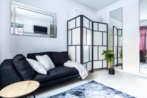 ヘルシンキにあるSailor`s Apartmentのリビングルーム(黒いソファ、鏡付)