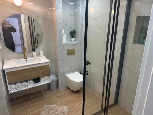 a bathroom with a shower and a toilet and a mirror at מישל נופש ,יותם 6003 in Eilat