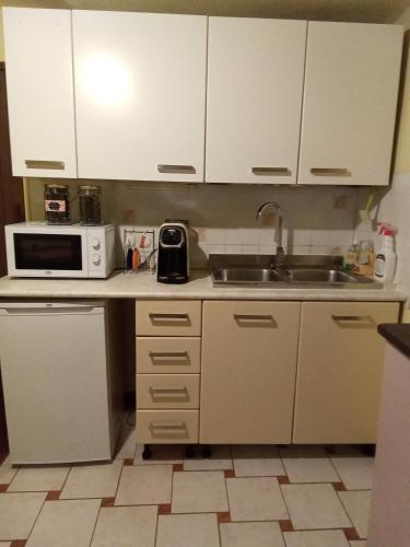 a kitchen with white cabinets and a sink and a microwave at Bed & Breakfast Gabriella EXILLES in Exilles