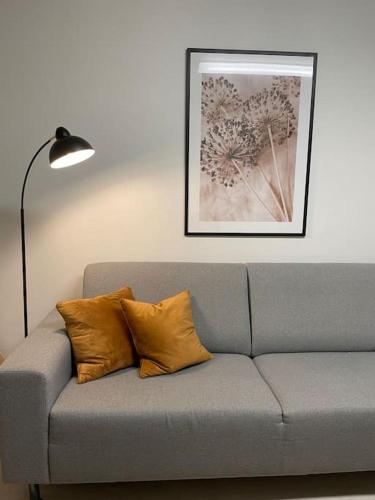 un sofá gris con 2 almohadas y una foto en la pared en Saunallinen kaksio 5 en Ylivieska