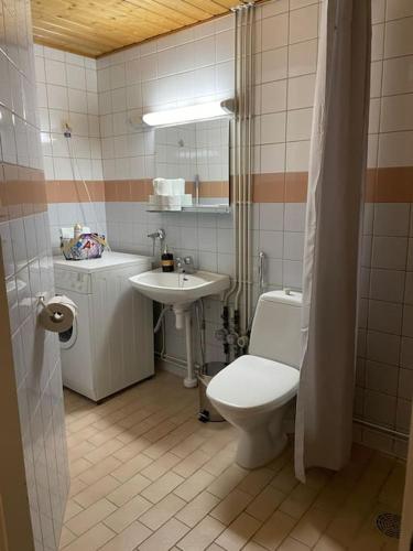 a bathroom with a toilet and a sink at Saunallinen kaksio 5 in Ylivieska