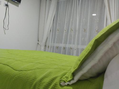 杜伊塔馬的住宿－Refugio Flores de María，窗户客房内的一张绿色床