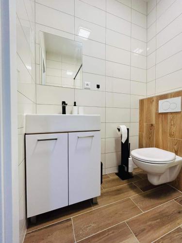 La salle de bains est pourvue d'un lavabo blanc et de toilettes. dans l'établissement V ulicke, à Kežmarok