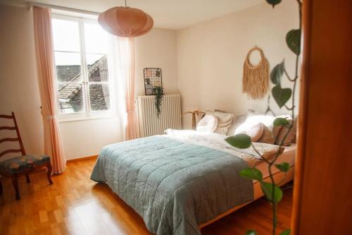 um quarto com uma cama e uma janela em Charming Vinyard House - Lake Geneva em Mont-sur-Rolle