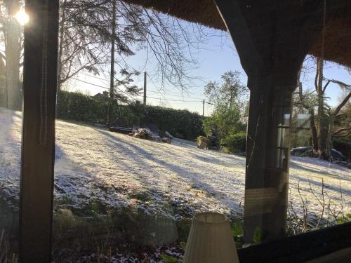 Una vista de un patio desde una ventana de una casa. en Les chaumières du pays d'auge, en Le Breuil-en-Auge