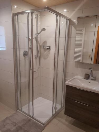 un bagno con doccia e lavandino di Haus Rottensteiner a Jerzens