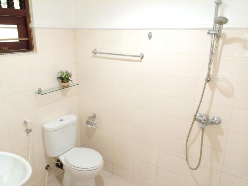 a bathroom with a shower and a toilet and a sink at Muduna Walawwa Resort in Kandy