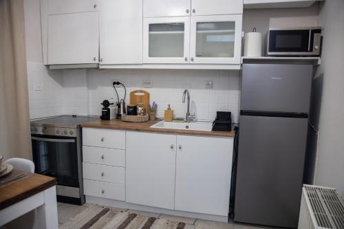 a kitchen with white cabinets and a stainless steel refrigerator at Fobillo Apartment at Charilaou in Thessaloniki