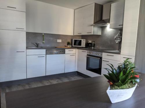 una cocina con armarios blancos y una mesa con una maceta. en Ferienwohnung Zundel, en Neu-Anspach