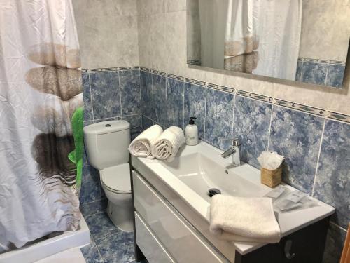 ein Badezimmer mit einem Waschbecken, einem WC und einem Spiegel in der Unterkunft Apartamento Ramon Pignatelli in Saragossa