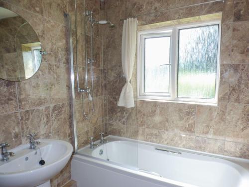 uma casa de banho com uma banheira, um lavatório e uma janela em Spring Garden Cottage em Carmarthen