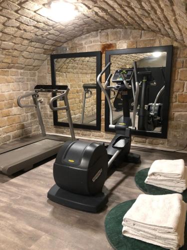 a gym with a treadmill and a mirror at Hotel Le Rocroy in Paris