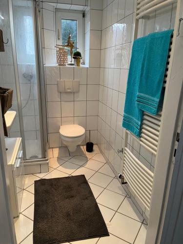 een badkamer met een toilet en een blauwe handdoek bij Quartier Lookvenne Wohnung 1 in Emden