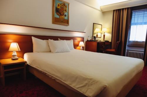 um quarto de hotel com uma cama grande e uma janela em Hôtel Astoria em Genebra