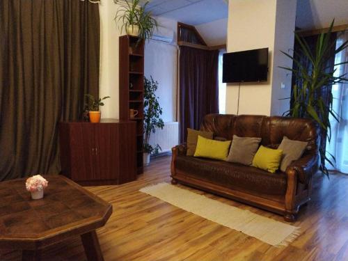 ハイドゥソボスローにあるErzsébet Vendégház és Apartmanのリビングルーム(ブラウンレザーのソファ、黄色い枕付)