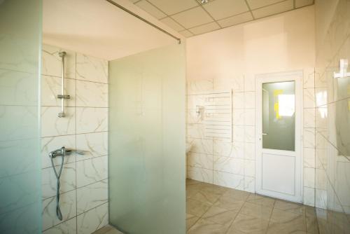 ウージュホロドにあるSi-Yo hostelのバスルーム(シャワー、ガラスドア付)