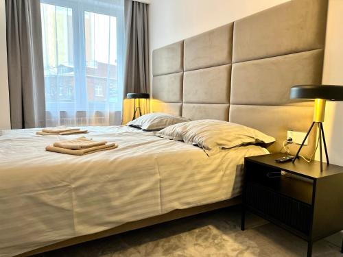 een slaapkamer met een groot bed en een groot raam bij Apartament RadMila2 Premium in Radom