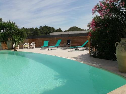 uma grande piscina com cadeiras azuis em Mimosas - villa em Fréjus