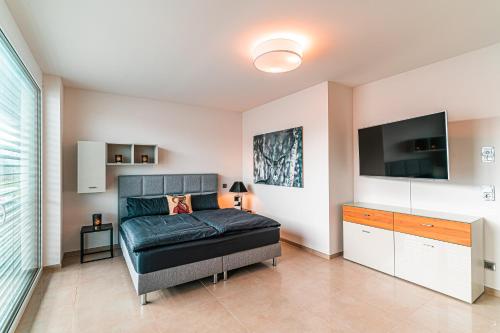 a bedroom with a bed and a flat screen tv at Poolhaus Bodensee ideal für Geschäftsreisende in Wasserburg am Bodensee