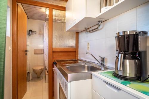 una pequeña cocina con lavabo y aseo en Haus Kees - Apartment, en Kressbronn am Bodensee
