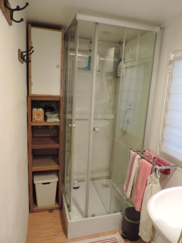 La salle de bains est pourvue d'une douche, de toilettes et d'un lavabo. dans l'établissement mobil home dans camping 3 etoiles mas de lastourg avec piscine,snack,, à Villefranche-de-Conflent