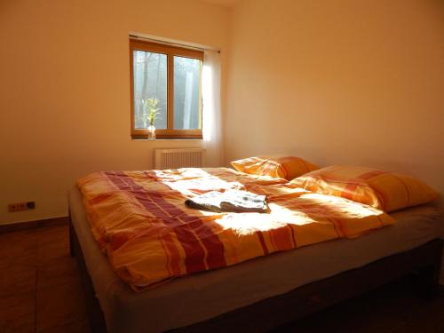 een slaapkamer met een bed met een dekbed en een raam bij Penzion Jaro Žampach in Jílové u Prahy