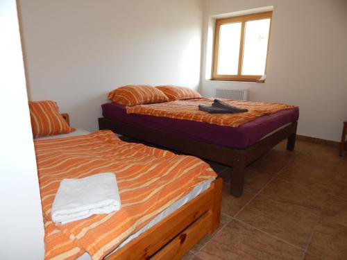 een slaapkamer met 2 bedden en een raam bij Penzion Jaro Žampach in Jílové u Prahy