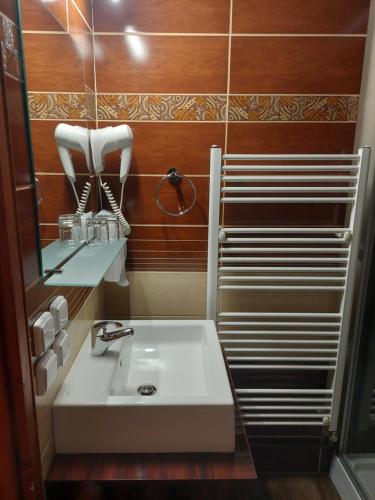 a bathroom with a white sink and a mirror at Penzion Country Steak Restaurant in Lanškroun