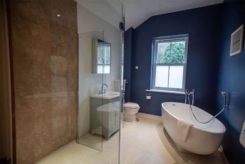 a bathroom with a shower and a tub and a toilet at Orchard House, Castle Carrock, Nr Carlisle in Castle Carrock
