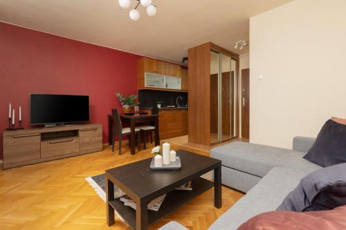 salon z kanapą i telewizorem w obiekcie Karmelicka City Studio Apartment by Renters w Warszawie