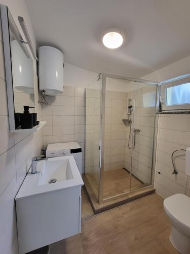 La salle de bains est pourvue d'une douche, d'un lavabo et de toilettes. dans l'établissement Apartment Lucky, à Opatija
