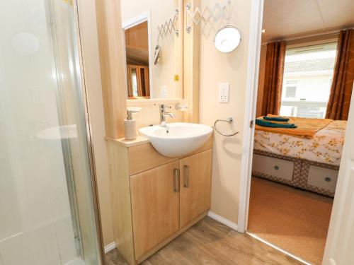 a bathroom with a sink and a shower at Rosie's Chalet in Carlisle