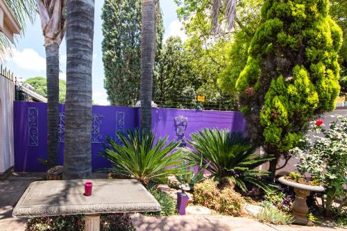 a picnic table in a garden with a purple fence at Invite Guest House - Self Catering Accommodation in Vanderbijlpark in Vanderbijlpark