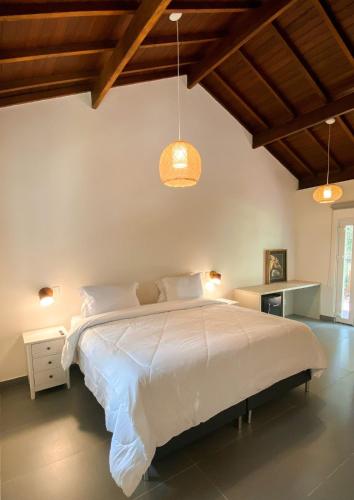 a bedroom with a large white bed in a room at Pousada O Cantinho da Raposa in Monte Verde