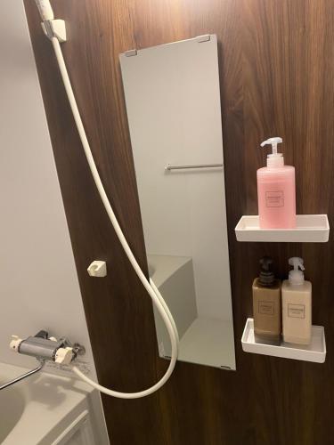 a bathroom with a mirror and two soap bottles at shizuka1 501 in Osaka