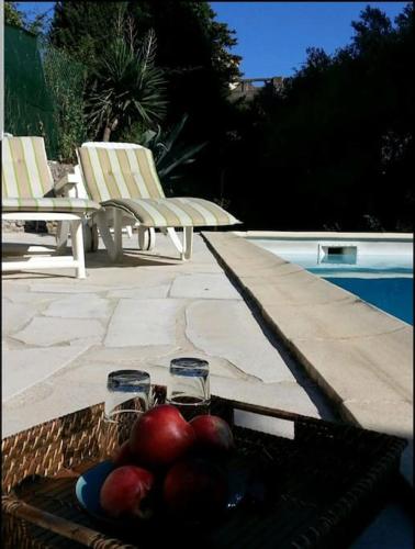 - un bol de fruits sur une table à côté de la piscine dans l'établissement Incredible apartment near the sea and calanque, à La Ciotat