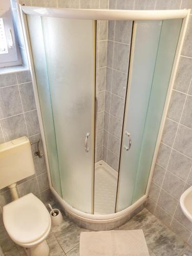 a bathroom with a shower with a toilet and a sink at BetaNovalja in Novalja