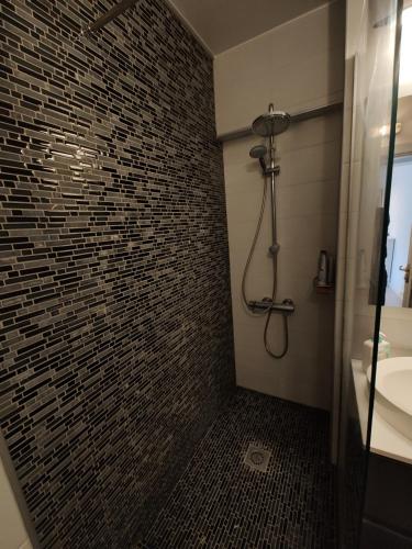 y baño con ducha y lavamanos. en Ultracentral Ploiesti Apartment-Free Private Parking, en Ploieşti