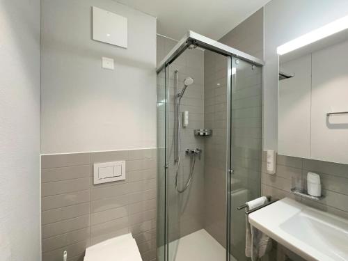 uma casa de banho com uma cabina de duche em vidro e um lavatório. em Aparthotel Beinwil am See em Beinwil