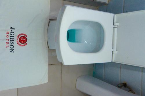 a bathroom with a toilet with the lid up at J Gibson suite in Lekki