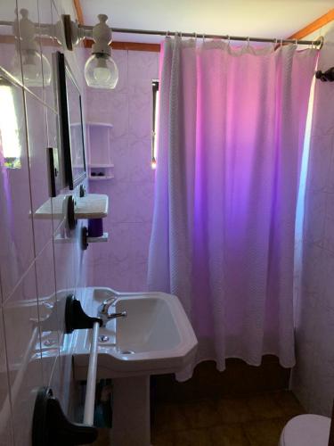 a bathroom with a sink and a shower curtain at Cabaña Pucón in Pucón