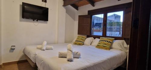 1 dormitorio con 2 camas y TV en la pared en PATRIMONIO ARABE VISTA A LA ALHAMBRA en Granada