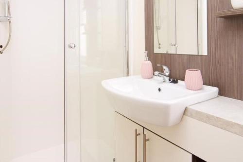 a bathroom with a white sink and a mirror at Modern Luxurious Holiday Home with ocean views in Paignton
