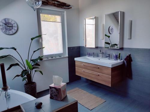 uma casa de banho com um lavatório e um espelho grande em Bed & Breakfast Lake View em Steckborn