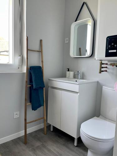 une salle de bain avec un lavabo blanc et un miroir dans l'établissement Les Courlis - app cosy et proche mer Ault, à Ault