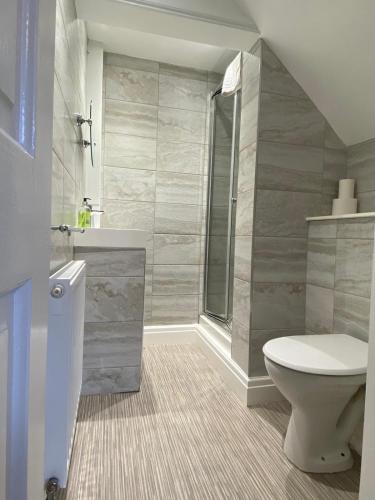 a bathroom with a toilet and a sink and a shower at Number 34 Bed and Breakfast York in York