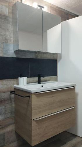 une salle de bain avec un lavabo et un miroir dans l'établissement studio 1 étoile paisible,4 couchages,jardin privé, à Les Adrets-de-l'Estérel