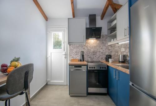 a kitchen with blue cabinets and a stove top oven at Green Oak Villa in Orthoniaí