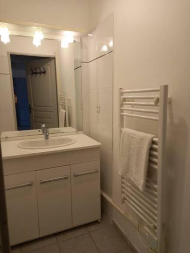 une salle de bain blanche avec un lavabo et un miroir dans l'établissement Appartement 8 personnes En face des Remparts Climatisé avec terrasse et Parking, à Avignon